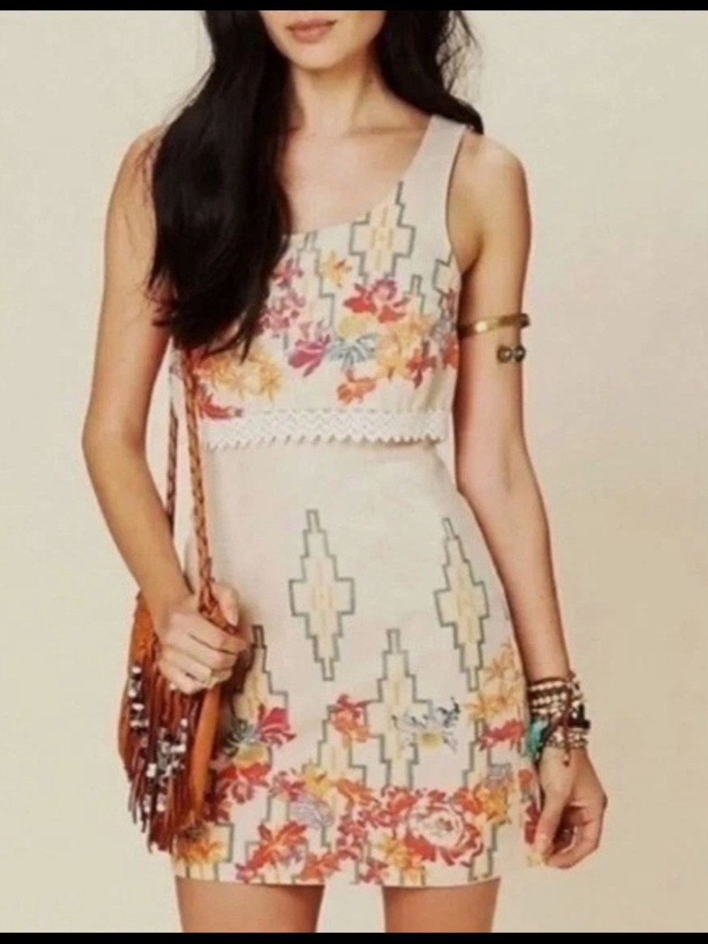 Free People Beige Linen Mini Dress with Orange & Pink Floral Embroidery NWOT! - Picture 3 of 10